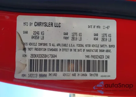 2008 Dodge Charger Sxt z USA, uszkodzony, nr VIN 2B3KA33G58H173604